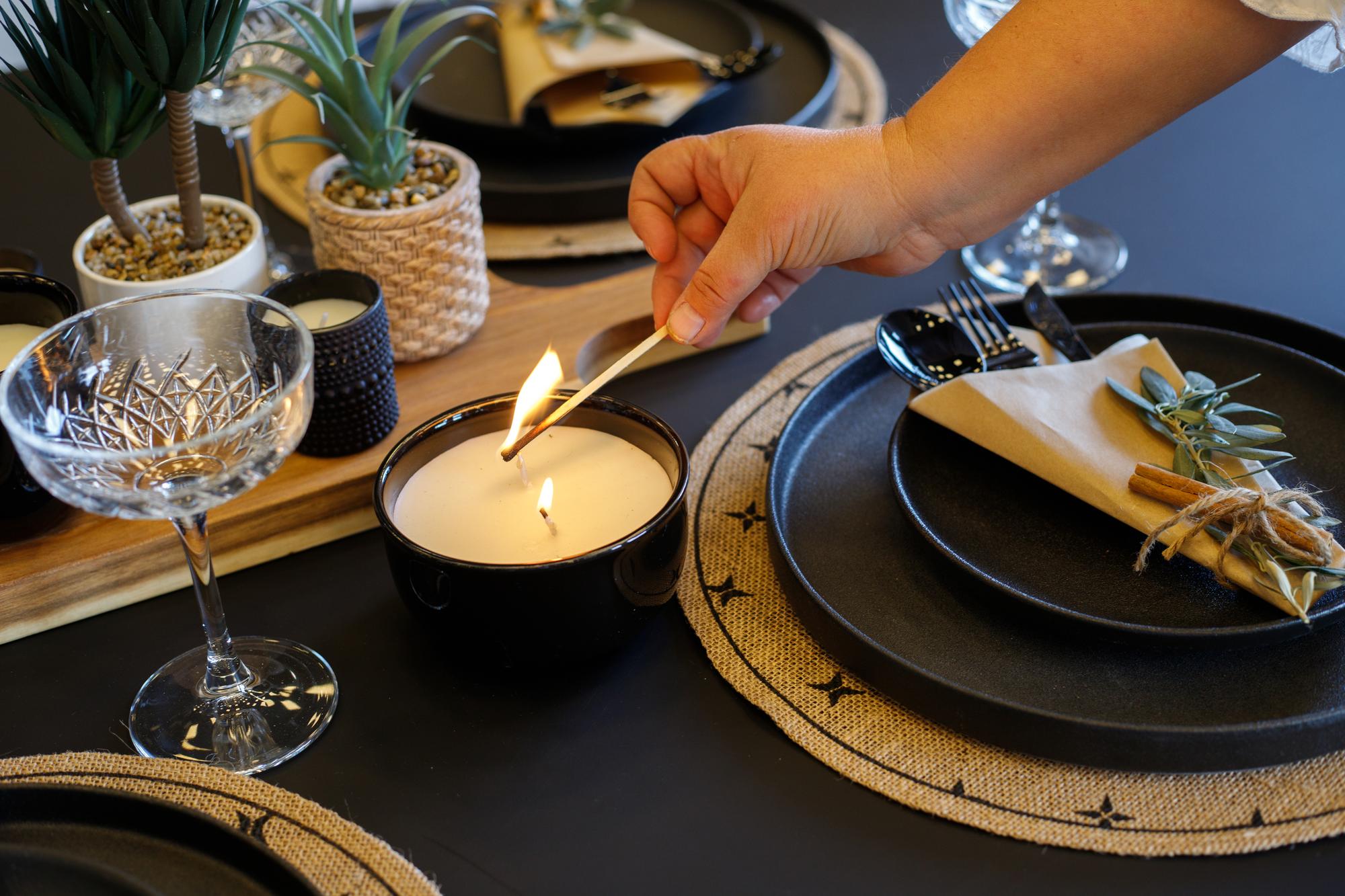 Table setting for an intimate dinner with candles
